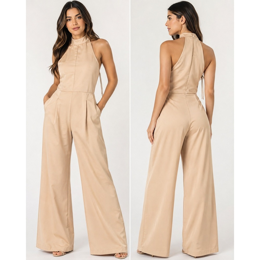 Trina Turk Womens Champagne Halter Wide Leg Jumpsuit Beige Formal Size 0